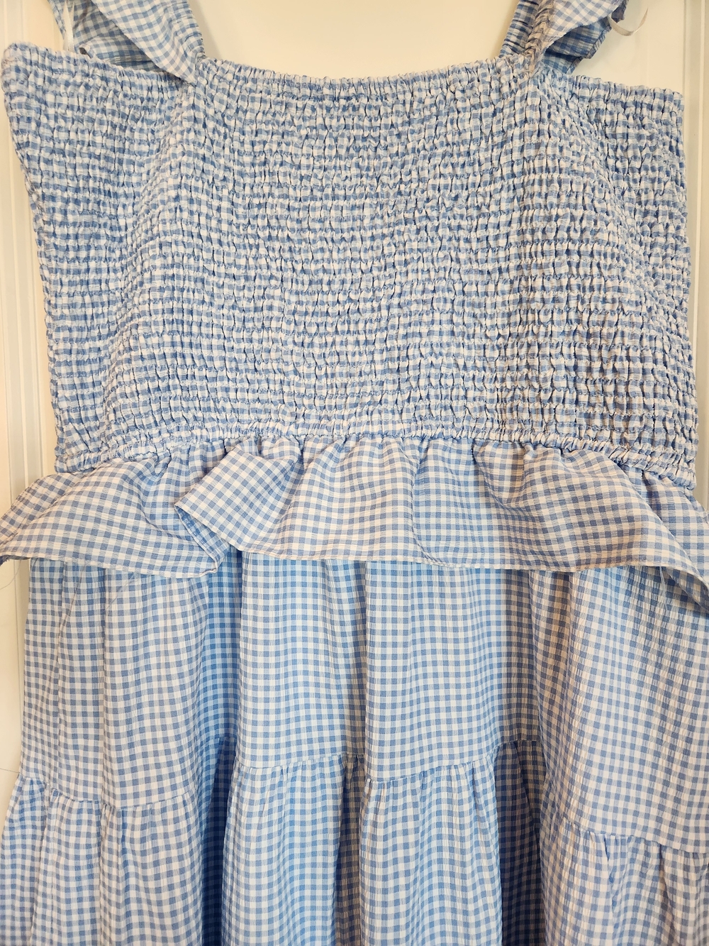 White Birch Light Blue Gingham Smocked Tiered Dress Size 1X Flutter Sleeve Lined - Picture 8 of 13